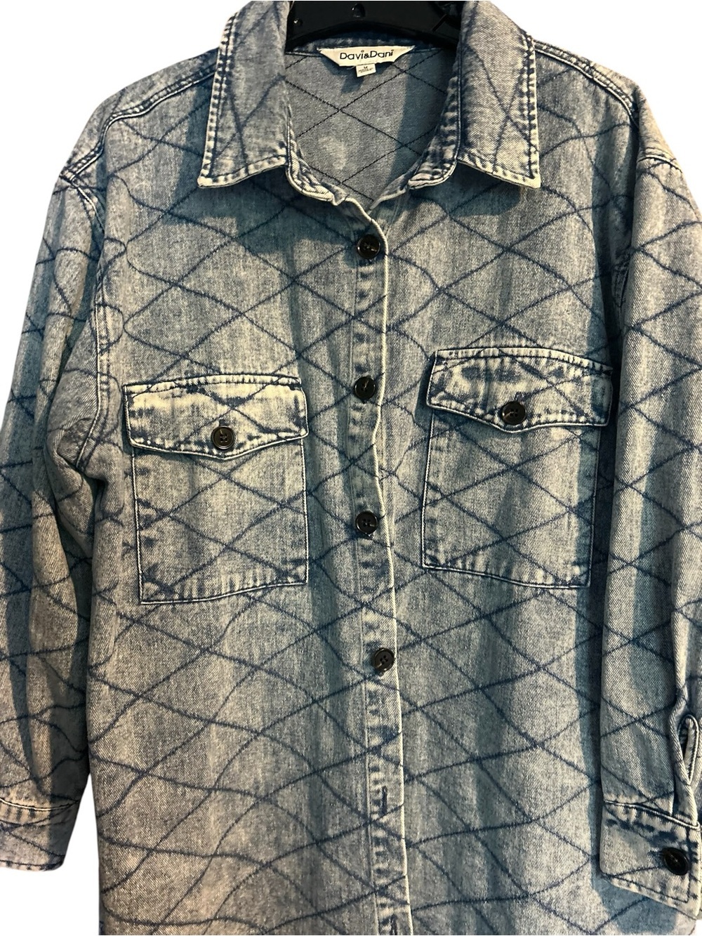 Davi & Dani Quilted Acid Wash Denim Shacket Oversized Jacket M